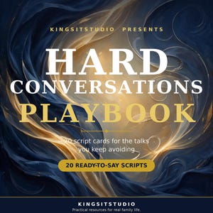 May include: A digital graphic titled Hard Conversations Playbook by Kingsitstudio. The text reads 20 script cards for the talks you keep avoiding and 20 ready-to-say scripts. The background features swirling dark blue and gold abstract patterns.