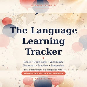 Puede incluir: Un sistema de estudio digital titulado The Language Learning Tracker con un fondo de mapa mundial, burbujas de diálogo y texto que enumera funciones como objetivos, registros diarios, vocabulario, gramática y práctica en 46 páginas.