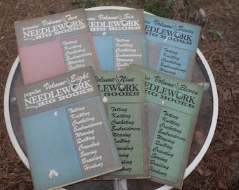 1970s Popular Needlework Library of Big Books Barbie Patterns, Tatting, Crewel, Machine Knitting, Hooking Rugs, Sewing Lot of 6 Magazines