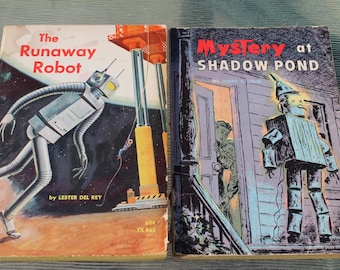 The Runaway Robot by Lester Del Rey and Mystery at Shadow Pond by Mary C Jane 1950s/1960s Paperback Chapter Books Summer Reading Fun