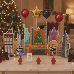 Peut inclure: Un ensemble de décoration de table sur le thème de New York avec des silhouettes en carton du Radio City Music Hall, de la Statue de la Liberté et des gratte-ciel. Inclut trois bouches d'incendie rouges, des panneaux et cinq ballons.