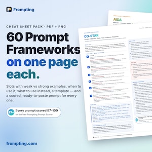 May include: A digital cheat sheet pack featuring 60 prompt frameworks on one page each. The text includes '60 Prompt Frameworks on one page each', 'Every prompt scored 87-100', and 'CO-STAR' with detailed instructional content on white paper.