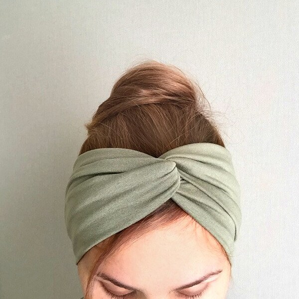 bandeau cheveux turban pour femme en jersey extensible vert d'olive headband femme