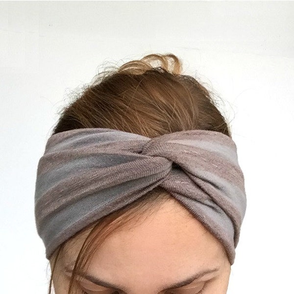 Taupe gray twist headband Jersey turban turband stretch head wrap striped casual everyday winter ear warmer mothers day stirnband