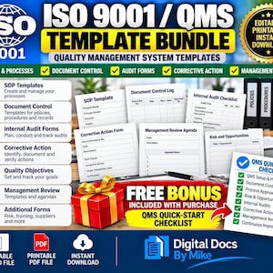 May include: An ISO 9001 QMS template bundle featuring digital documents, SOP templates, audit forms, and a QMS quick-start checklist. The graphic includes a red gift box with a yellow ribbon, text labels, and icons for Word and PDF files.