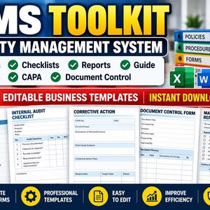 Op de afbeelding: Een QMS-toolkit voor kwaliteitsmanagementsystemen met bewerkbare zakelijke sjablonen. Bevat formulieren, checklists, rapporten en handleidingen voor ISO 9001-naleving. Toont documentvoorbeelden zoals een kwaliteitshandboek, auditchecklist en corrigerende actieformulier met Excel-, Word- en PDF-pictogrammen.