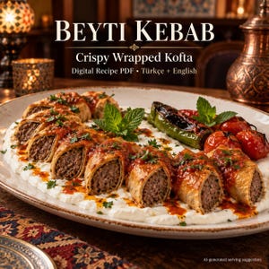 May include: A digital recipe PDF titled BEYTI KEBAB Crispy Wrapped Kofta in Turkish and English. The image shows sliced meat-filled wraps topped with red sauce on a bed of white yogurt, garnished with fresh mint, roasted green peppers, and tomatoes.