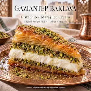 Op de afbeelding: Een stuk Gaziantep baklava met pistache en Maraş ijs op een koperen bord. De tekst luidt: GAZIANTEP BAKLAVA, Pistachio • Maraş Ice Cream, Digital Recipe PDF • Türkçe + English, en AI-generated serving suggestion.