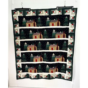 Patchwork Quilted Throw Quilt 48 x 63 Cotton Winter Cabin Village Trees