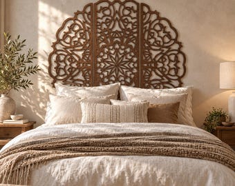 Arched Mandala Headboard, Ornate Wood Wall Headboard, Starburst Mandala Wall Art, Bohemian Bedroom Panels, Queen King Above Bed Decor