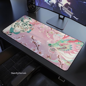 Japansk tigerdrakemusmatta, Sakura skrivbordsmatta, rosa spelmusmatta, asiatisk konstskrivbordsmatta, körsbärsbloms-gamerpresent, PC-dekor