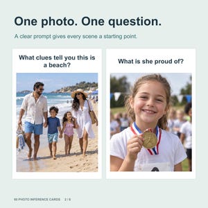 Puede incluir: Un juego de 60 tarjetas de inferencia fotográfica con el texto One photo. One question. A clear prompt gives every scene a starting point. Las tarjetas muestran imágenes con preguntas como What clues tell you this is a beach? y What is she proud of?