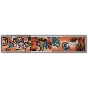 May include: A long, horizontal rectangular painting featuring a vibrant orange background filled with abstract shapes, swirling lines, and a detailed human eye. The composition includes black, blue, red, and yellow elements with a leopard print pattern.