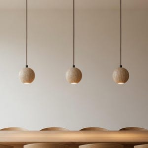 Travertine & Walnut 3-Light Pendant Light, Rectangular Canopy Chandelier (GU10 Bulbs)