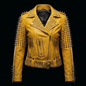 Puede incluir: Una chaqueta de color amarillo mostaza con solapas, cremallera frontal asimétrica y cinturón en la cintura. La prenda está decorada con tachuelas metálicas plateadas en las solapas y la cintura, y largas púas plateadas en las mangas.