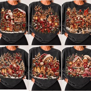 Könnte beinhalten: Eine Kollektion von sechs anthrazitfarbenen Sweatshirts mit Rundhalsausschnitt, die jeweils einen detaillierten, weihnachtlichen Grafikdruck zeigen, darunter der Weihnachtsmann, Rentiere, ein Nussknacker, ein Teddybär und ein Lebkuchenmann.