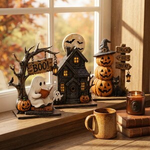 May include: A Halloween tabletop display featuring a ghost reading a book under a tree with a BOO sign, a dark house with glowing windows and a moon, a stack of three jack-o'-lanterns with a witch hat, a sign reading TRICK OR TREAT, and a candle.
