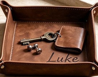 Personalized Leather Valet Tray, Custom Engraved Monogram Catchall, Nightstand Desk Organizer, Foldable Rustic Tray, Gift for Groomsmen, Dad