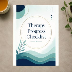 May include: A rectangular Therapy Progress Checklist document featuring a white background with dark blue and teal wave patterns at the bottom. A central gold circle frames the text, accompanied by a small leaf illustration and geometric accents.