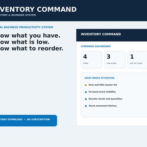 May include: A digital inventory and reorder system dashboard titled Inventory Command. The interface displays stock metrics including items, low stock, and out of stock counts, alongside a list of tasks labelled What Needs Attention.