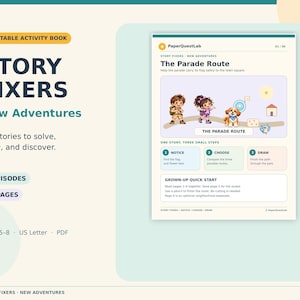 Könnte beinhalten: Ein druckbares Aktivitätsbuch mit dem Titel Story Fixers New Adventures mit sechs Geschichten zum Lösen, Zeichnen und Entdecken. Die Seite zeigt The Parade Route mit Illustrationen von zwei Kindern und einem Hund sowie Anweisungen.