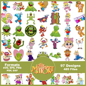 Może przedstawiać: Kolekcja 97 cyfrowych projektów graficznych przedstawiających postacie z The Muppet Show i Muppet Babies, w tym żabę Kermita, pannę Piggy, misia Fozziego i Animala. Obraz prezentuje różne pozy, stroje oraz etykiety tekstowe.