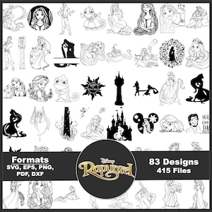 May include: A collection of 83 black and white digital designs featuring Rapunzel, Flynn Rider, and Pascal. The graphics include line art, silhouettes, and character portraits. The text reads Disney Rapunzel, Formats SVG, EPS, PNG, PDF, DXF, and 83 Designs 415 Files.