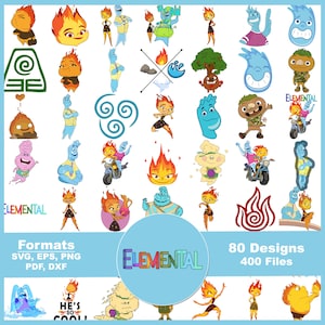 May include: A collection of 80 digital graphic designs featuring cartoon characters representing fire, water, earth, and air elements. The images include various poses of characters, elemental symbols, and the text Elemental in a colorful, stylized font.
