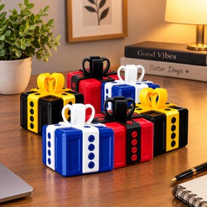 Può includere: Una collezione di sei scatole regalo quadrate, ognuna caratterizzata da un nastro e un fiocco di colore contrastante sulla parte superiore. Le scatole sono realizzate in rosso, blu, nero e giallo, con nastri abbinati o bianchi, disposte su un piano.
