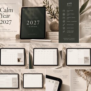 May include: A digital 2027 planner by Hushgrid Studio featuring 468 pages with daily, weekly, and monthly layouts. The dark green interface includes hyperlinked navigation, reflection sections, and note pages, displayed on a tablet screen with a stylus.