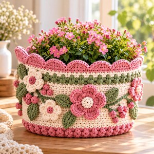 Könnte beinhalten: Ein runder, cremefarbener Häkelkorb mit einem gewellten rosa oberen Rand und einer rosa unteren Kante. Die Außenseite ist mit dreidimensionalen gehäkelten rosa und weißen Blumen, grünen Blättern und kleinen rosa Beerenclustern verziert.
