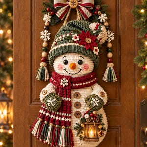 Könnte beinhalten: Ein gehäkelter Schneemann als Wandbehang mit einer grünen Mütze, einer roten Poinsettia-Blüte, einem rot-weiß gestreiften Schal mit Fransen und grünen Fäustlingen. Der Schneemann hat drei braune Knöpfe und hält eine kleine Laterne in der Hand.