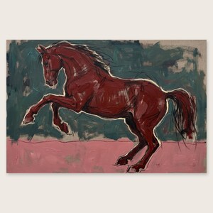 Rearing Horse Oil Painting Print, Oxblood and Teal Equestrian Wall Art, Bold Animal Poster