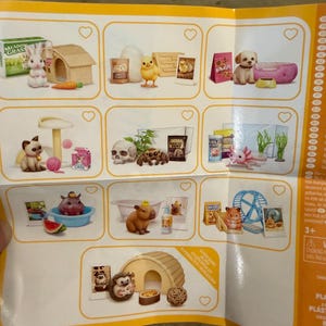 May include: A product collector guide featuring ten distinct sets of miniature animal figurines and accessories. Each set includes a small animal, such as a rabbit, chick, puppy, kitten, spider, axolotl, hippo, capybara, hamster, or hedgehog, with related items.