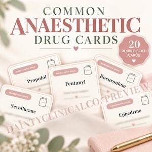 May include: A set of 20 double-sided white study cards titled Common Anaesthetic Drug Cards. Each card features a pink header, a small vial icon, and the name of a drug such as Propofol, Fentanyl, Rocuronium, Sevoflurane, or Ephedrine in black text.