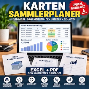 May include: A digital download card collection planner set featuring a laptop displaying a spreadsheet with card data, charts, and graphs. Three printed sheets labeled Meine Kartensammlung, Wunschliste, and Verkaufsübersicht are in the foreground.