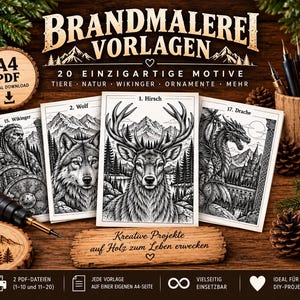 Könnte beinhalten: Ein digitales Download-Set mit 20 Brandmalerei-Vorlagen mit dem Titel BRANDMALEREI VORLAGEN. Die Sammlung enthält schwarz-weiße Illustrationen von einem Hirsch, Wolf, Wikinger und Drachen auf A4-Seiten für kreative Holzprojekte.