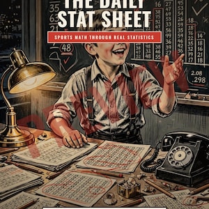 Puede incluir: Una portada de libro impresa titulada The Daily Stat Sheet, Sports Math Through Real Statistics, con una ilustración de una persona sonriente en un escritorio con una lámpara, un teléfono de disco, lápices y hojas llenas de datos numéricos.