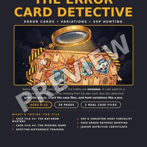 Può includere: Un poster informativo su sfondo scuro intitolato The Error Card Detective, che mostra una lente d'ingrandimento su una bacheca di sughero con carte sportive, filo rosso e puntine. Indica 28 pagine, età 8-12 e due casi per collezionisti.