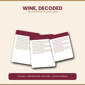 May include: A digital guide titled WINE, DECODED THE FINE DINING SERVER'S GUIDE featuring three overlapping white document pages with dark red headers and light gray text lines, plus a dark red horizontal banner with white text at the bottom.