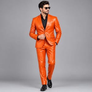 Orange Poly Leather Men's Suit, Two-Piece Rexine Blazer & Trousers, Custom Fit Party Outfit