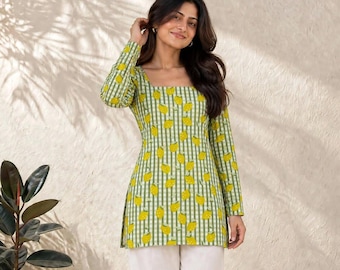Green Lemon Print Cotton Kurti, Square Neck Short Tunic Top (XXS-7XL)