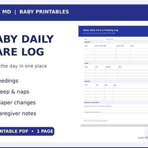 Peut inclure: Un modèle imprimable numérique de journal de soins quotidiens pour bébé avec un en-tête bleu portant le texte LADY MD | BABY PRINTABLES. Le document comprend des sections pour les repas, le sommeil, les changes et les notes des soignants.