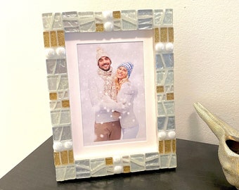 Picture Frame, Silver Gold With White Decor, Mosaic Photo Frame, Holiday Hostess Gift, 50th Wedding Anniversary Frame