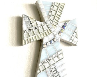 White  Mosaic Cross, Godchild Gift, Baptism Cross, First Communion Gift, Handmade Wall Cross, Christian Cross for Home, Confirmation Cross