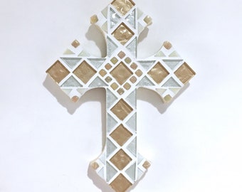 First Communion Gift Cross, Champagne Mosaic Cross, Decorative Wall Cross, 9" x 6", First Communion Gift, Baptism Gift, Nursery Decor