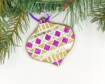 Mosaic Christmas Ornament Handmade, Purple with Gold Medallion Ornament,  Hanging Tree Decor, Christmas Decoration, Hostess Gift