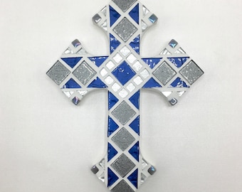 First Communion, Mosaic Wall Cross, Gray Blue, 9x6" Decorative Cross for Wall Decor, Godson Baptism Gift, Religious GIft, Easter Gift
