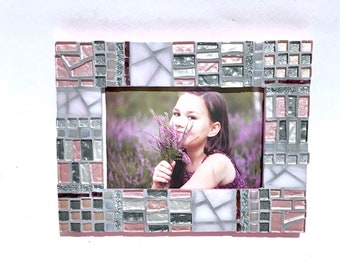 Mosaic Picture Frame for Girls, 4”x6“ Photo Frame, Pink Gray Silver Photo Frame, Birthday Gift for Her, Teen Room Decor