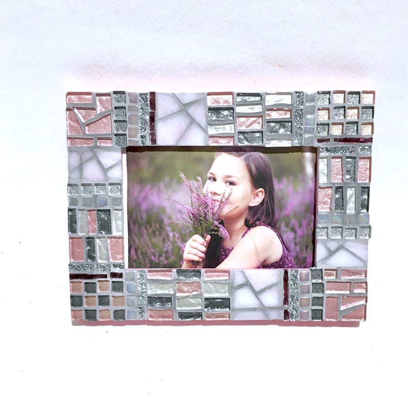 Mosaic Picture Frame for Girls, 4x6 Photo Frame, Pink Gray Silver Photo Frame, Birthday Gift for Her, Teen Room Decor image 1